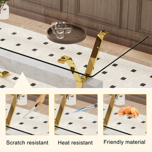 English Elm Dining Tempered Glass Table with Gold X-Legs & Gray MDF Crossbar, 71"x35.4" Modern 4-8 Seater Elegance W1151S02350