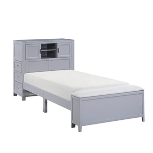 English Elm Gray Twin Platform Bed with Bookcase Headboard Hidden Desk Stool and Footboard Bench Gray B011S02323