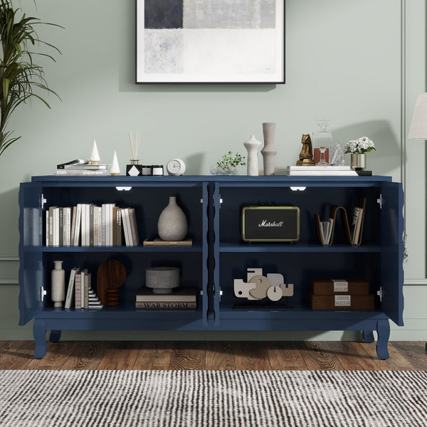 English Elm Elegant Navy Blue Sideboard, 4-Door Storage Cabinet with Arched Groove Wavy Doors, Adjustable Shelves W2696P245317