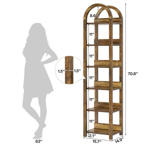 English Elm Storage Rack Six Tier Arched Bookcase Slim Wood Grain Finish for Halls and Corners T3971P464083