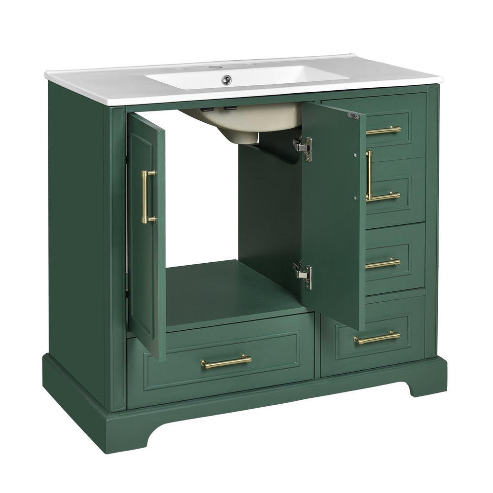 English Elm 36" Traditional Bathroom Vanity with Ceramic Sink, Solid Wood Cabinet, Soft-Close Doors & Drawers Green N729P251630F