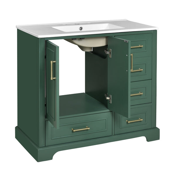 English Elm 36" Traditional Bathroom Vanity with Ceramic Sink, Solid Wood Cabinet, Soft-Close Doors & Drawers Green N729P251630F