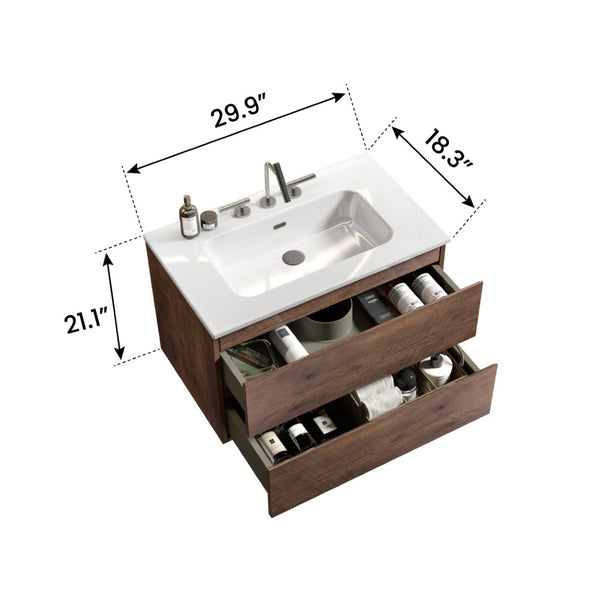 English Elm Wall Mount 30" Walnut Bathroom Vanity With Ceramic Sink - Modern Storage Solution For Your Space W1865S00052-GIGA