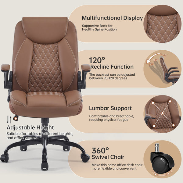 English Elm Leather Executive Desk Chair with Flip up Armrests Lumbar Support and Spring Cushion Brown T5339P459854