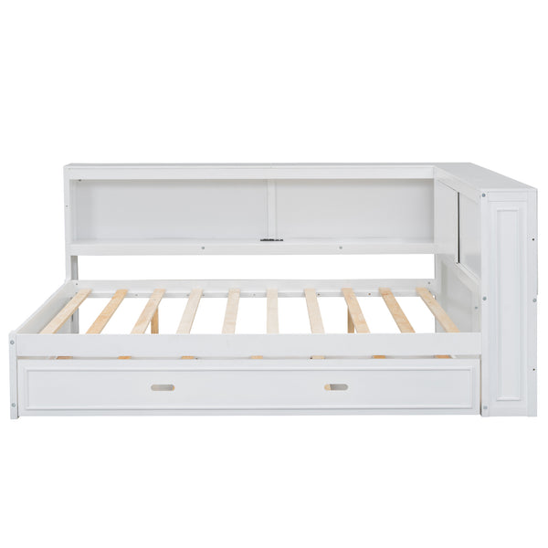 English Elm Full Pine Daybed with Trundle Sliding Storage Shelves Led Lighting and Usb Charging White GX004003AAK