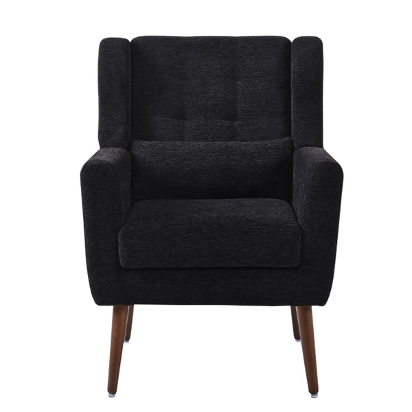 English Elm Modern Accent Chair Chenille Upholstered Ergonomic Lounge Armchair with Wood Legs and Pillow for Reading Comfort and Stylish Living Room Seating Black W1028P382764