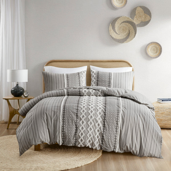 English Elm Full/Queen Imani Cotton Duvet Cover Set with Chenille Tufting, Geometric Print, OEKO-TEX Certified B03596475