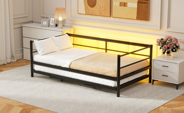 English Elm Twin Metal Daybed with LED Lighting and Adjustable Pop-Up Trundle, Industrial Steel Frame, Heavy-Duty Support Black N750P244915B