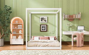 English Elm Queen Canopy Platform Bed with Sturdy Support Legs, Pine/MDF Frame, Slatted Ventilated Base, 550lb Capacity White WF293232AAK