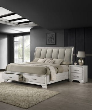 English Elm 1pc Nightstand with Three Spacious Drawers White Mist Finish Metal Hardware Mirrored Top Elegant Storage Antique White 27 L x 19 W x 31.5 H B011P228949