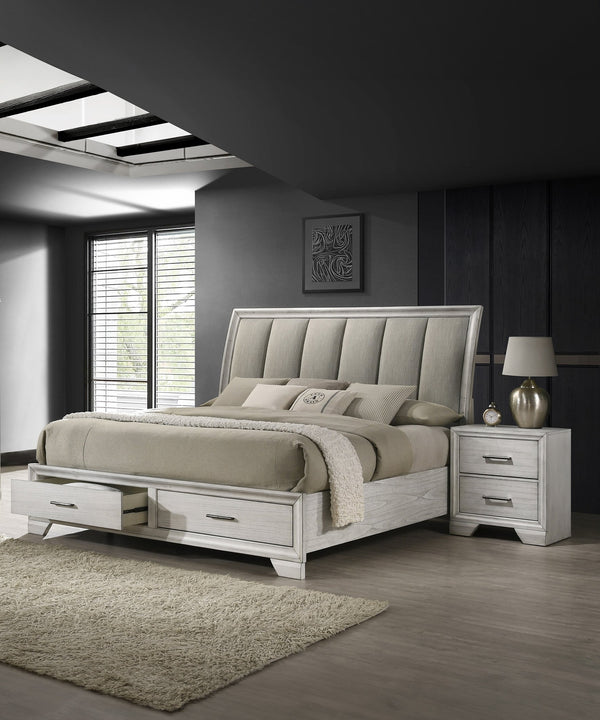 English Elm 1pc Nightstand with Three Spacious Drawers White Mist Finish Metal Hardware Mirrored Top Elegant Storage Antique White 27 L x 19 W x 31.5 H B011P228949