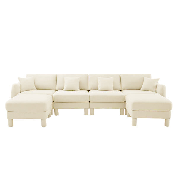 English Elm Boucle U-Shape Sectional Sofa For 4, Stylish Shell Armrests & Movable Ottomans In Beige Comfort W3041S00281