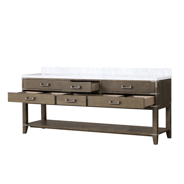 English Elm Grey Oak Double Bath Vanity With Carrara Marble Top - Spacious 84" Design, Soft-Close Drawers & Storage B2731P260381