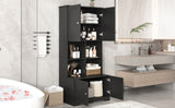 English Elm Tall and Wide Bathroom Floor Storage Cabinet, Bathroom Storage Unit, Freestanding Cabinet With 4 Doors, Adjustable Shelves, Open Multi-Layer Shelves, Black