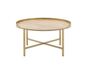 English Elm Mithea Round Oak & Gold Coffee Table – Contemporary Tray Top, Cross-Bar Metal Base, Durable MDF Finish B2726P281463