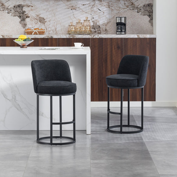 English Elm Counter Height Barstools Set of 2 Linen Upholstered Barrel Seat with Iron Legs Black W395P410438