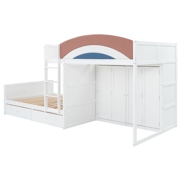 English Elm Full Size Offset Bunk Bed with Wardrobe Hanging Rod Drawers and Upholstered Rail White N820S00081K