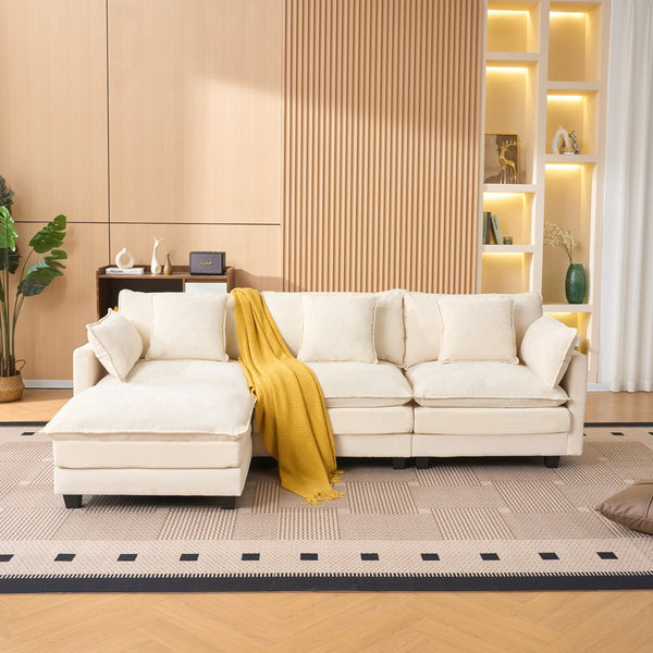 English Elm Beige Chenille Sectional Sofa with Modular Ottoman for Living Room or Studio Beige W2603S00001