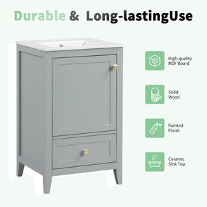 English Elm 20" Compact Bathroom Vanity Grey Mdf Cabinet Ceramic Sink Soft Close Storage N725P351851E