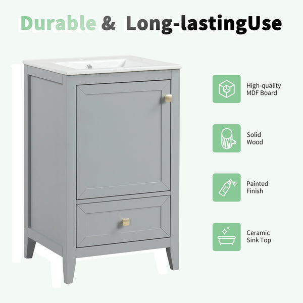 English Elm 20" Compact Bathroom Vanity Grey Mdf Cabinet Ceramic Sink Soft Close Storage N725P351851E