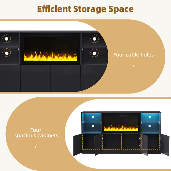 English Elm On-Trend High Gloss Tv Stand With 34.2" Electric Fireplace & Led Lighting, Fits Tvs Up To 75" Black N721S000042B