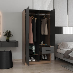 English Elm Alder Matte Gray & Natural Oak 2-Door 1-Drawer Armoire with 2 Rods, 4 Shelves, Spacious Storage B200S00416