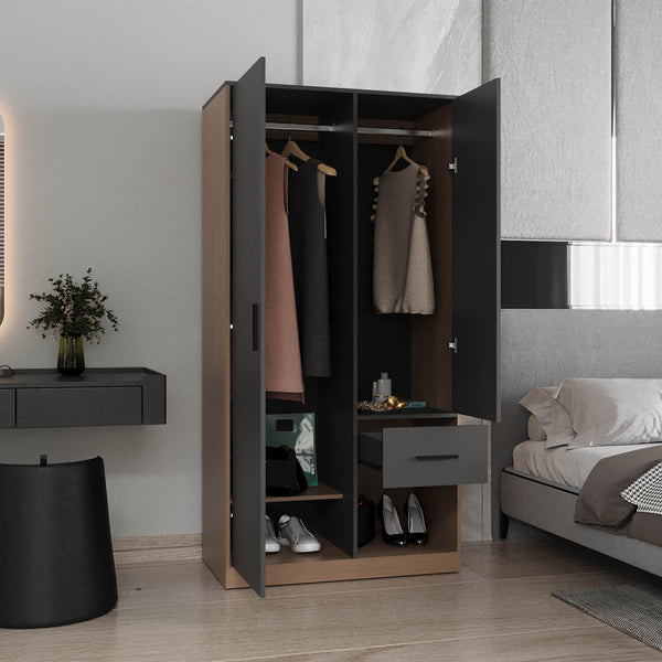 English Elm Alder Matte Gray & Natural Oak 2-Door 1-Drawer Armoire with 2 Rods, 4 Shelves, Spacious Storage B200S00416