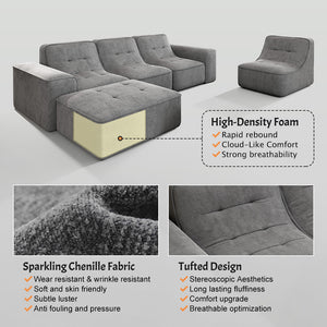 English Elm 143.7" Modern Modular Sectional Sofa Set with Removable Ottoman, Tufted Sparkling Chenille, Deep Seat Comfort Grey W3219S00003