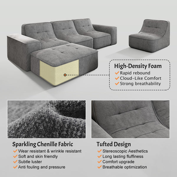 English Elm 143.7" Modern Modular Sectional Sofa Set with Removable Ottoman, Tufted Sparkling Chenille, Deep Seat Comfort Grey W3219S00003