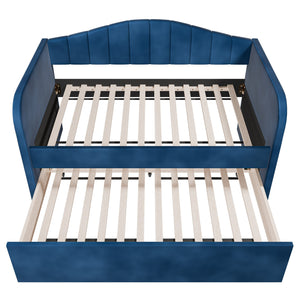 English Elm Modern Velvet Upholstered Daybed with Trundle Plush Low Profile Frame for Guest Rooms Navy Blue B011S02048
