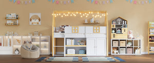 English Elm Twin-size Pine Low Loft Bed with House Canopy Step Stairs Storage Cabinet Led Lights N7090005032K