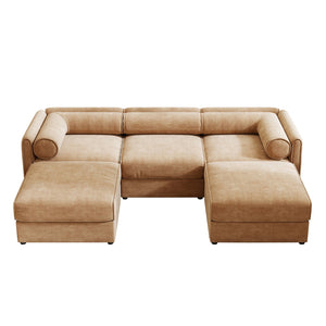 English Elm Elegant Camel Chenille Sofa With Storage & Ottoman - U-Shaped 3-Seater, Modern Comfort & Style W714S01229
