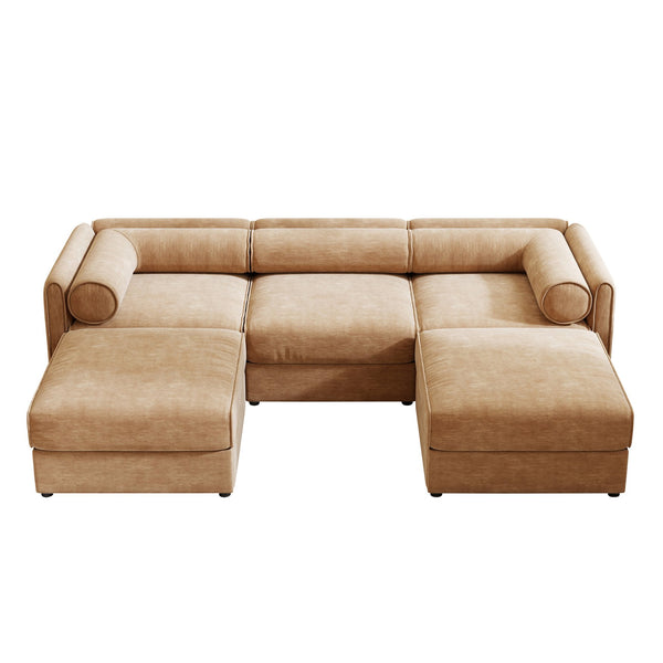English Elm Elegant Camel Chenille Sofa With Storage & Ottoman - U-Shaped 3-Seater, Modern Comfort & Style W714S01229