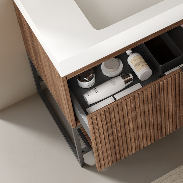 English Elm YOLAN 36" Bathroom Vanity with Integrated Solid Surface Basin, Pre-Assembled Plywood Cabinet, Soft-Close Drawer and Open Towel Shelf Walnut,White W2615S00069
