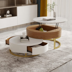 English Elm Dolce Round Lift-Top Wood Coffee Table with Convertible Heights and Sturdy Iron Frame, Modern Chic White B341S00042