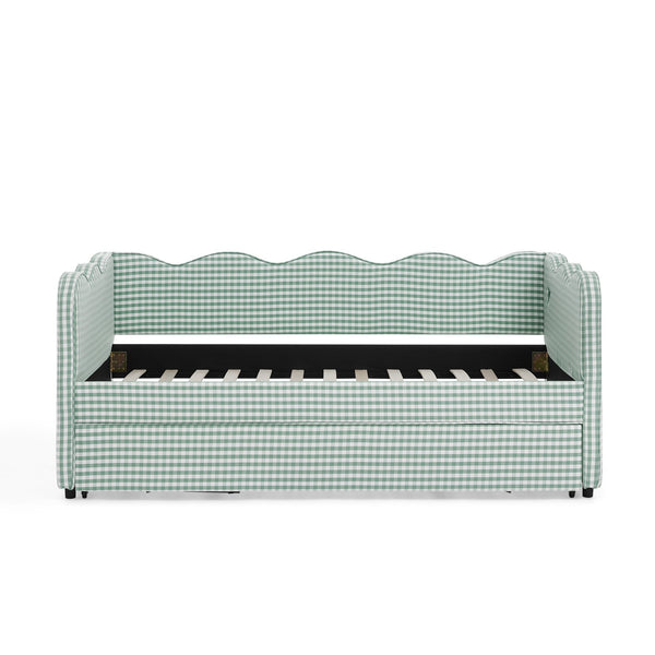English Elm Cozy Gingham Linen Daybed with Pull Out Trundle Usb Port Wave Back Twin Sofa Cyan W1413S00120