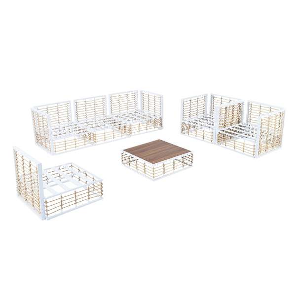 English Elm TOPMAX Modern Minimalist 7-Piece Metal Patio Sectional Sofa Set with All-Weather Rattan, Cushions and Coffee Table for Versatile Indoor Outdoor Entertaining White SP100026AAK