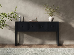 English Elm [video] Art Deco Console Table Geometric Carved Fronts Fluted Legs 3 Soft-close Drawers Black N759P433572B