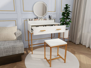 English Elm Vanity Chic Ancient White Makeup Table with Mirror & Stool, Gold Accents, Compact Storage for Small Spaces W2139P306366