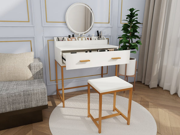 English Elm Vanity Chic Ancient White Makeup Table with Mirror & Stool, Gold Accents, Compact Storage for Small Spaces W2139P306366