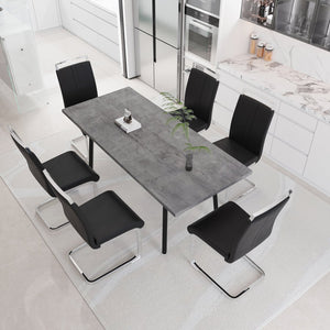 English Elm 55.12-70.87" Expandable Square Dining Set Seats Six with Cushioned Faux Leather Chairs Black+Grey W2189S00906