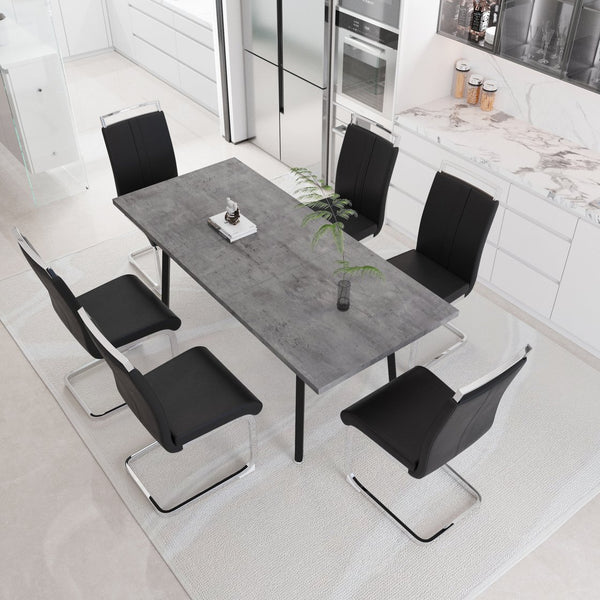 English Elm 55.12-70.87" Expandable Square Dining Set Seats Six with Cushioned Faux Leather Chairs Black+Grey W2189S00906