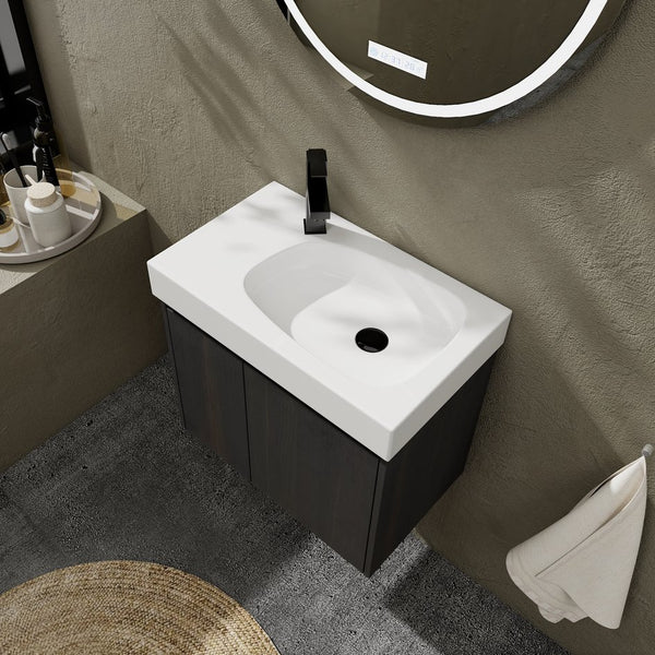 English Elm 24 Inch Bathroom Vanity Floating Ceramic Basin Sink Combo with Double-Door Wall-Mounted Storage Cabinet Durable Engineered Wood Modern Design Black W1972P190342