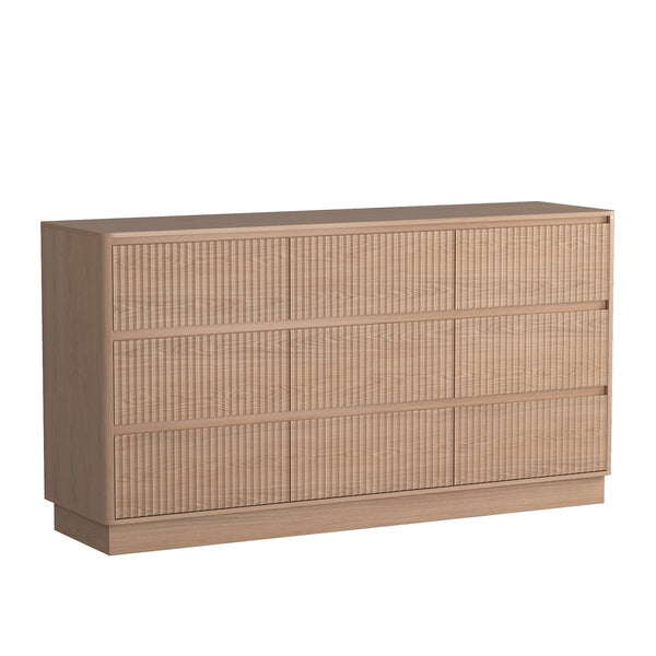 English Elm 9 Drawer Mid Century Wood Dresser Low Profile Matte Finish Bedroom Storage Cabinet Natural W409S00012