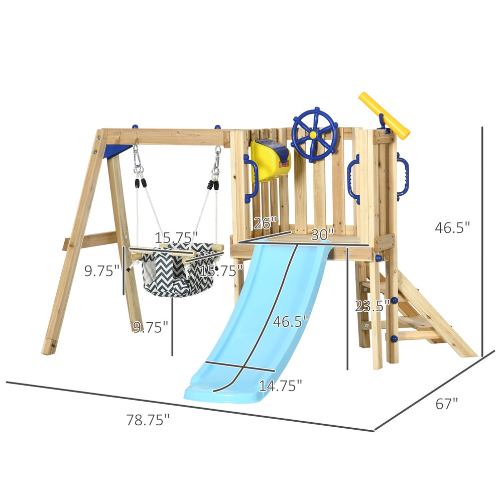 English Elm Wooden Toddler Playset with Swing Slide Fort and Climbing Platform for Backyard Fun T3971P438594