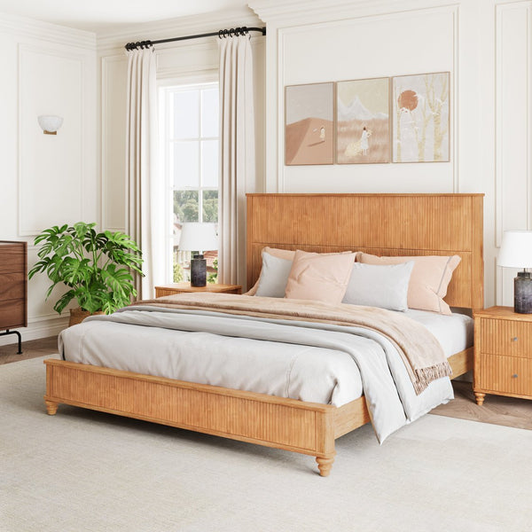 English Elm Solid Rubberwood Queen Platform Bed Tall Headboard Natural Grain No Box Spring W1716S00031