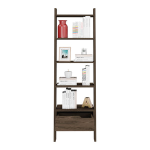 English Elm Ladder Dark Walnut Bookcase with One Drawer and Five Open Shelves, Space-Saving Leaning Design, Durable B097133049