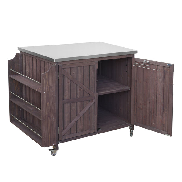 English Elm K&k Rolling Outdoor Kitchen Island Solid Fir Wood Stainless Steel Top Storage Cabinet Dark Brown N707P370287Z