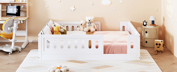English Elm Wood Full Size Kids Platform Bed Solid Pine Guardrail Low Profile Safe Sleep Frame White N709P321458K