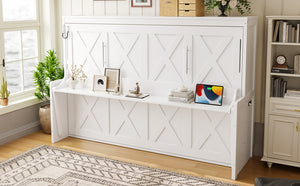 English Elm Full Murphy Bed with Fold Down Desk Led Lighting and Usb Port for Studio Spaces White W1580S00454